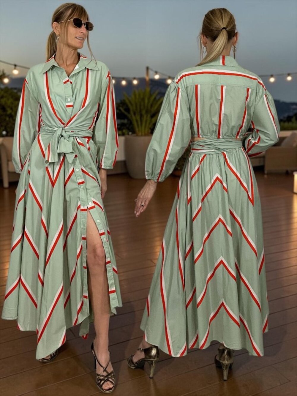 Tanya Taylor Azaria Striped Button Front Midi Shirt Dress 6 Green Cotton